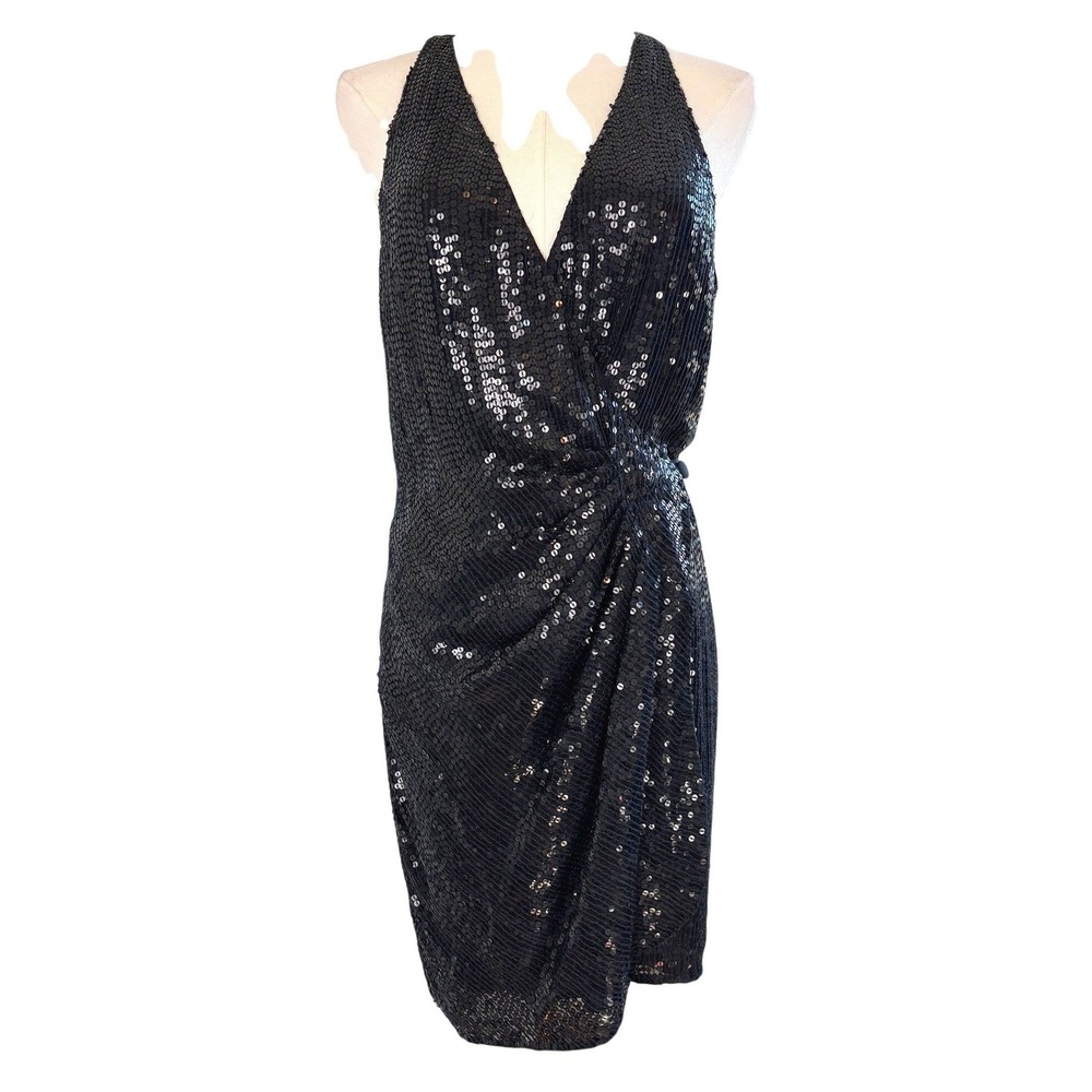 Parker Silk Sequin Cocktail Dress Medium Black‎ Racerback Draped Party Dress